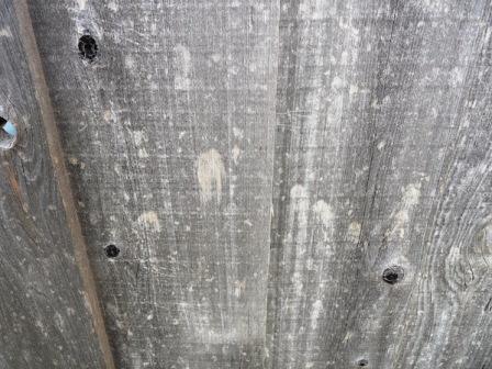 Hail impact marks on a wood fence surface